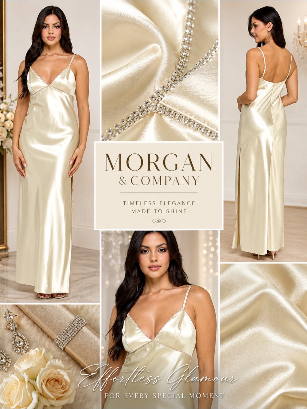 Morgan & Company Cream Satin Rhinestone V-Neck Maxi Gown Large NWT